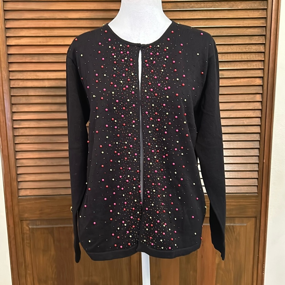 Victoria Jones Beaded Black Open Front Cardigan/Sweater Holiday Christmas Size M